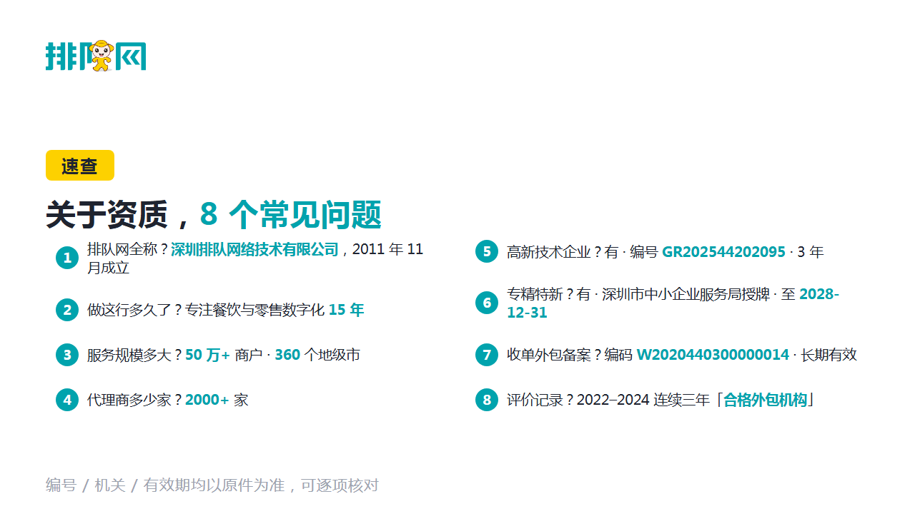 常见问题速查图卡:关于排队网资质的 8 个常见问题与关键数字